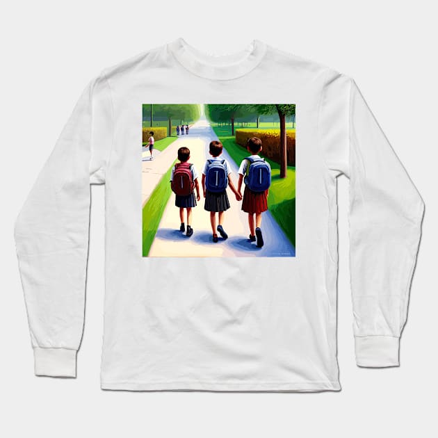Children going to school Long Sleeve T-Shirt by lodging leaves